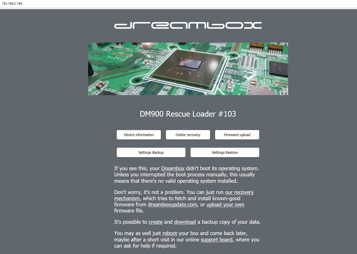 Dreambox DM900/DM920 Rescue Loader interface